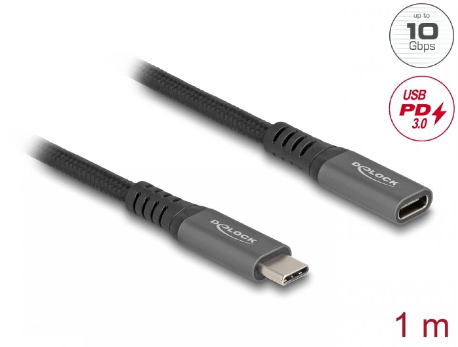 Imagine Cablu prelungitor USB 3.2 type C 10Gb/100W T-M 1m brodat, Delock 80022